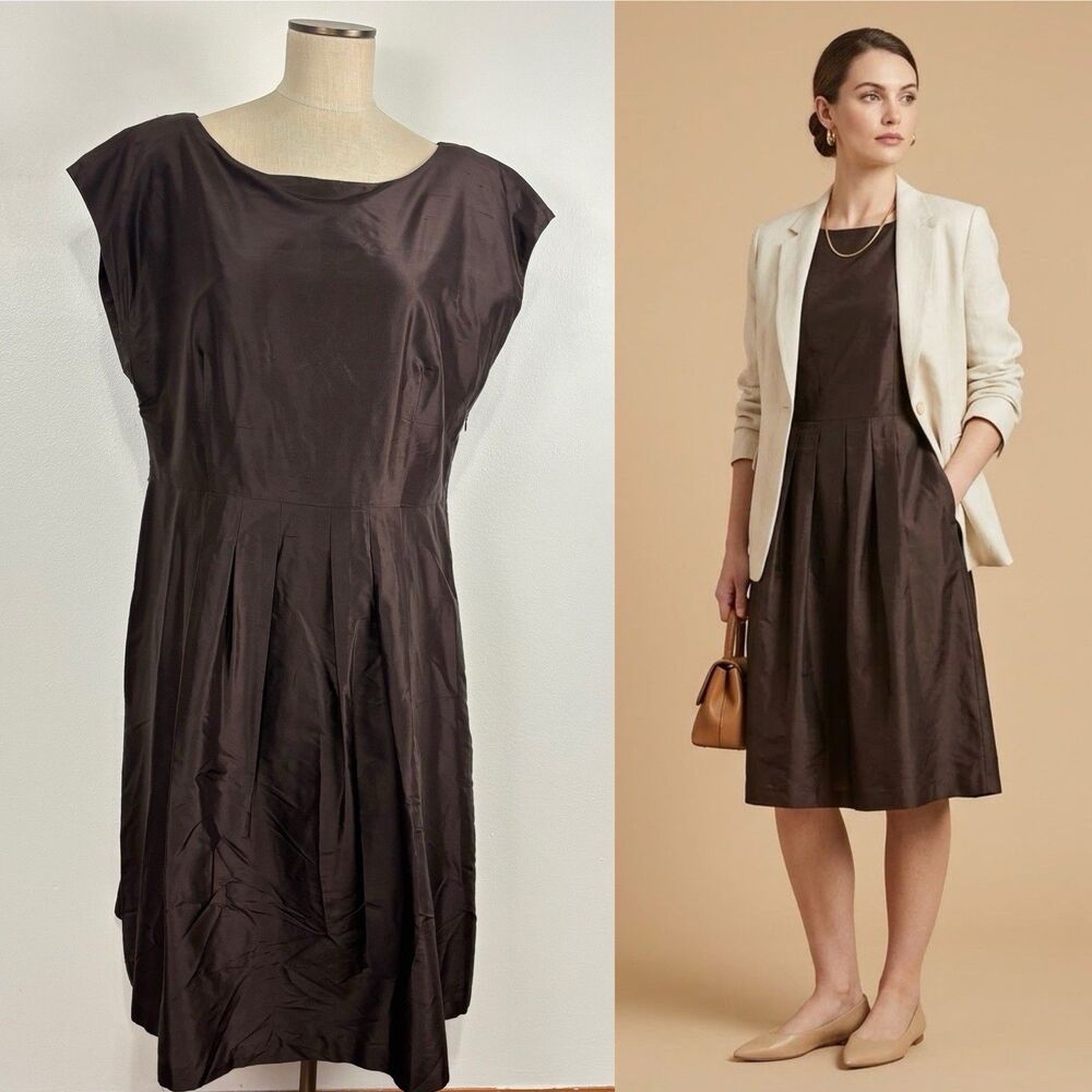 Talbots Womens 41" Bust Pure Silk Dress Espresso Brown Cap Sleeve Pleated Midi L